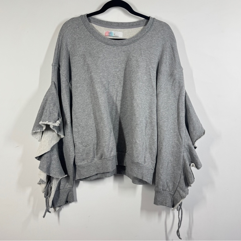Free People Beach Grey Ruffle Sleeve Sweatshirt Top Size M Casual Cozy Pullover - Picture 2 of 11